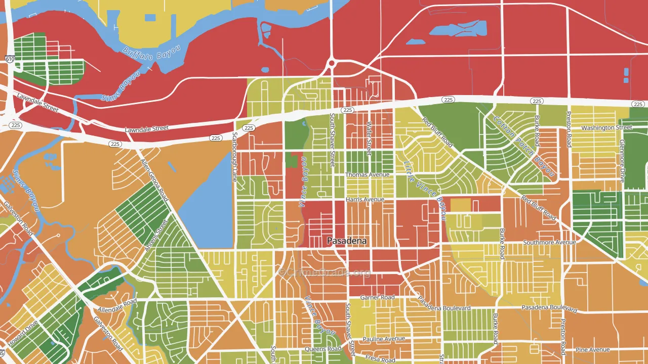 Downtown Pasadena, Pasadena, TX Map of Theft Rates