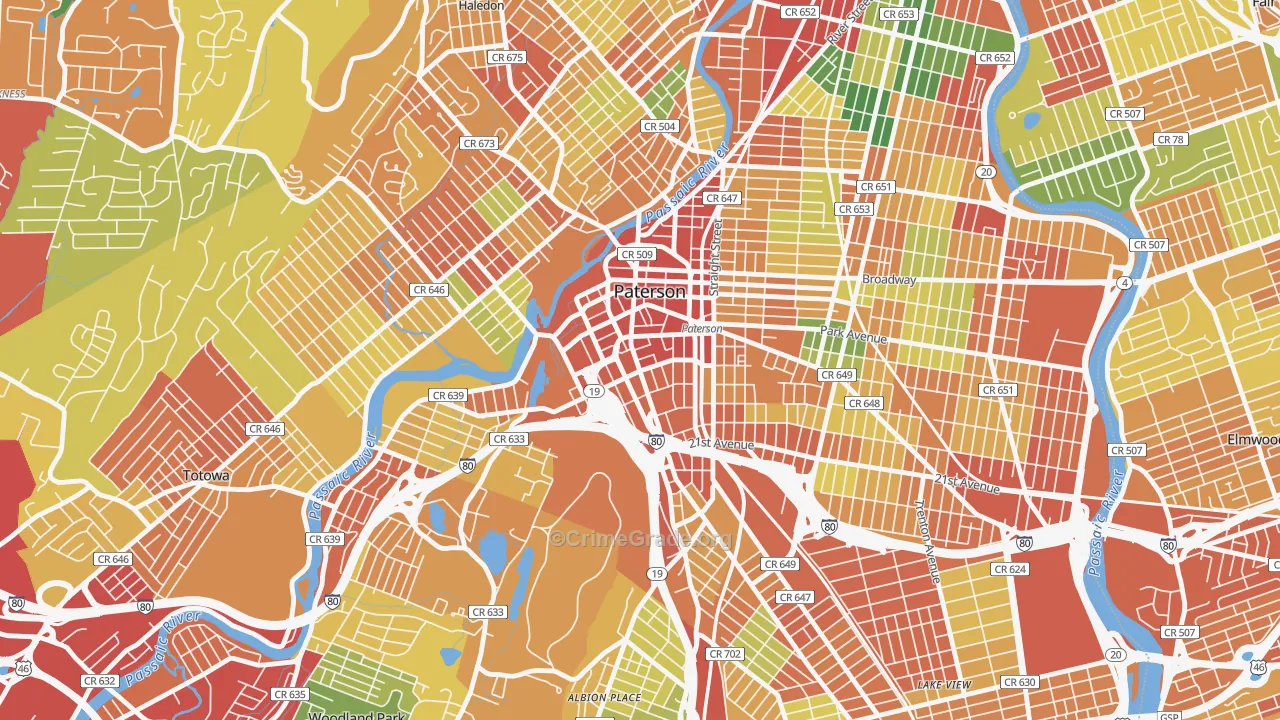 Downtown Paterson, Paterson, NJ Map of Theft Rates