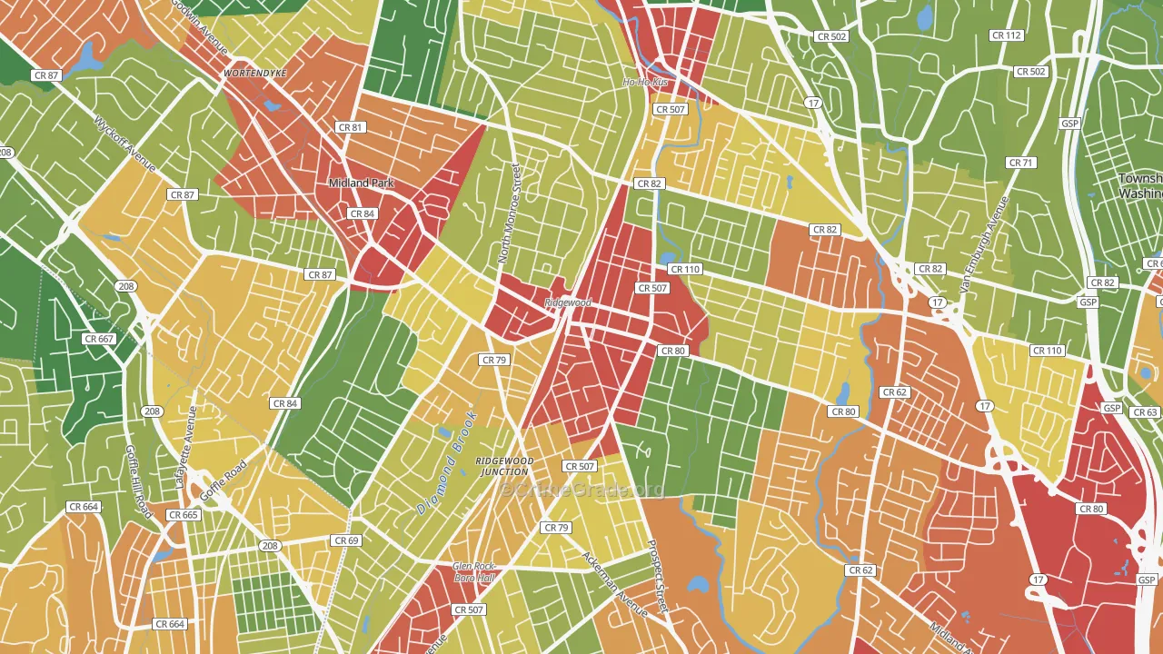 Downtown Ridgewood, Ridgewood, NJ Map of Theft Rates
