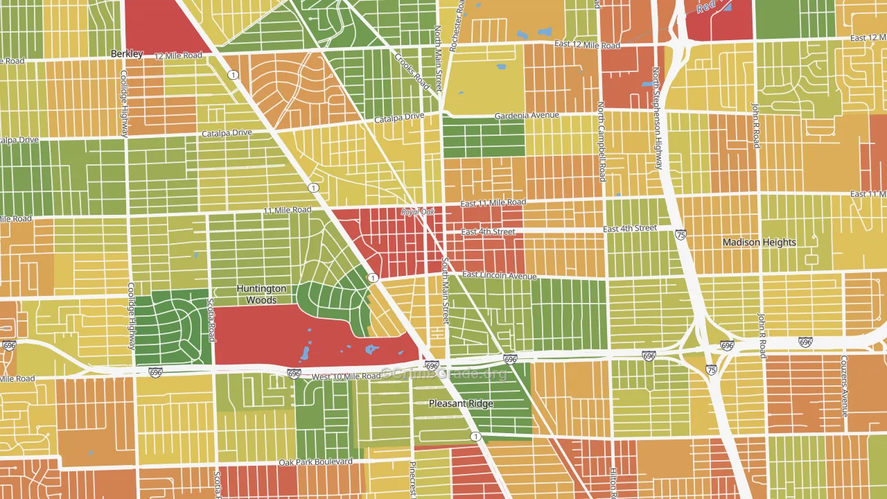 Downtown Royal Oak, Royal Oak, MI Map of Theft Rates
