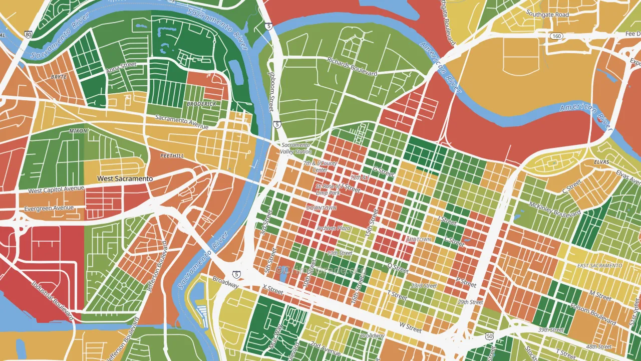 Downtown Sacramento, Sacramento, CA Map of Theft Rates