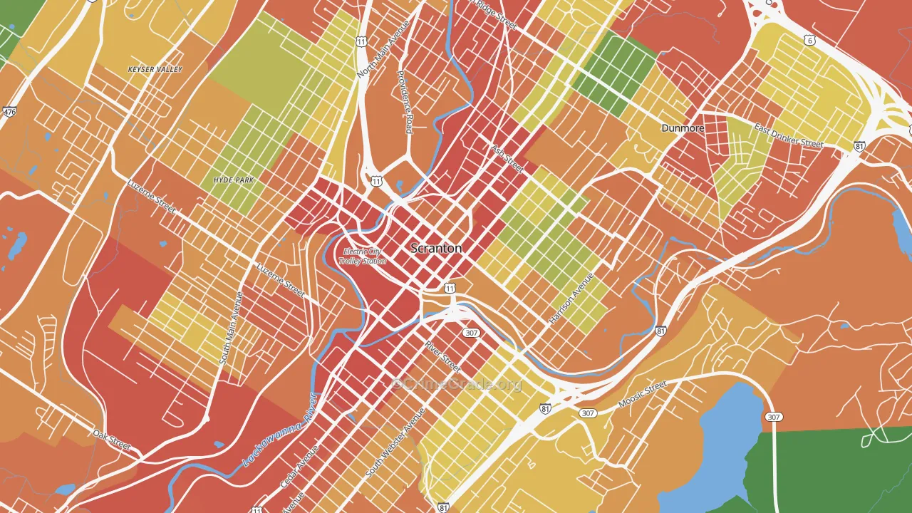 Downtown, Scranton, PA Map of Theft Rates