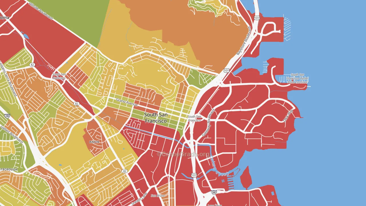 Downtown South San Francisco, South San Francisco, CA Map of Theft Rates
