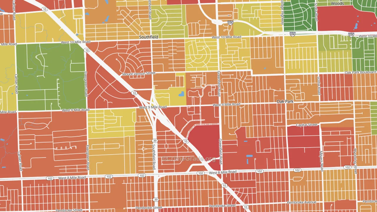 Downtown Southfield, Southfield, MI Map of Theft Rates