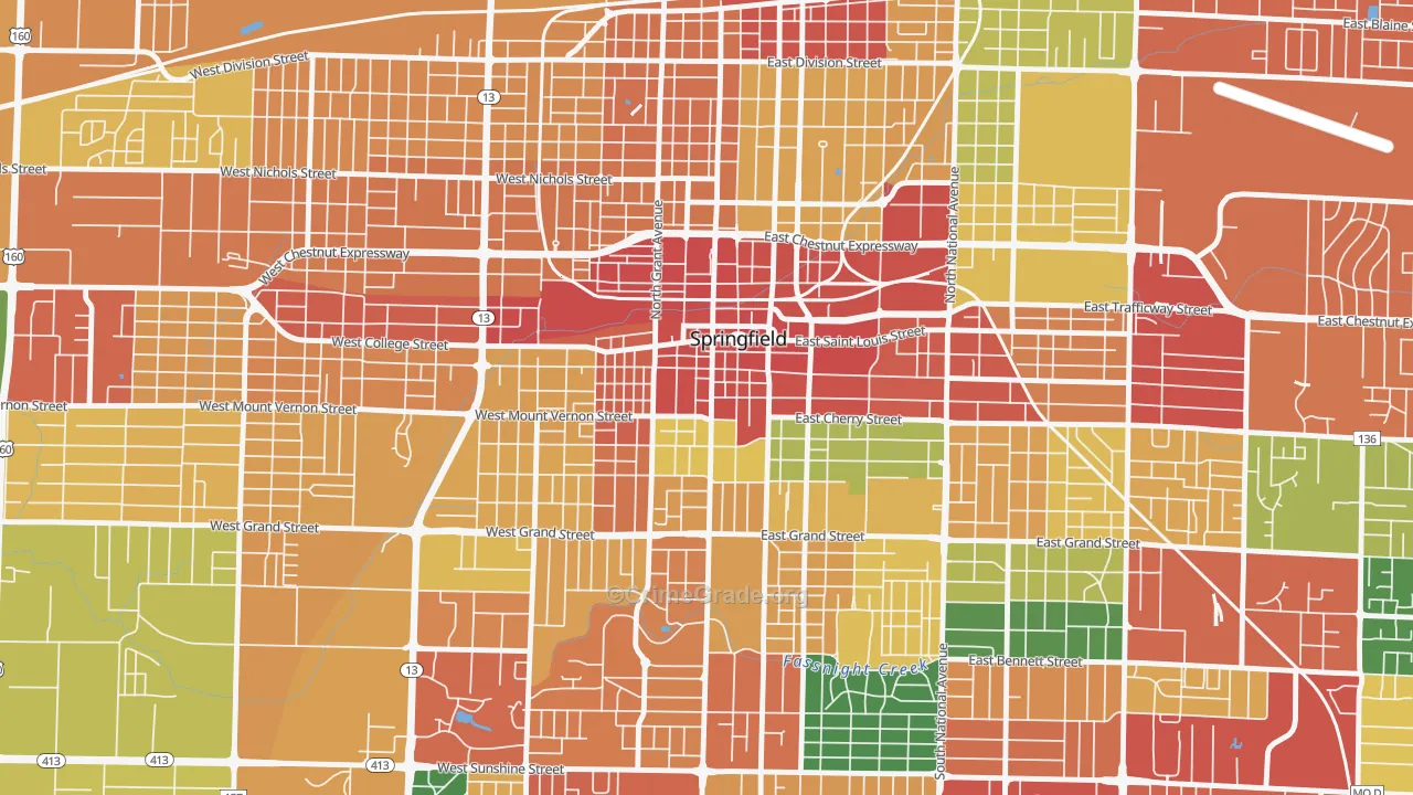 Downtown Springfield, Springfield, MO Map of Theft Rates