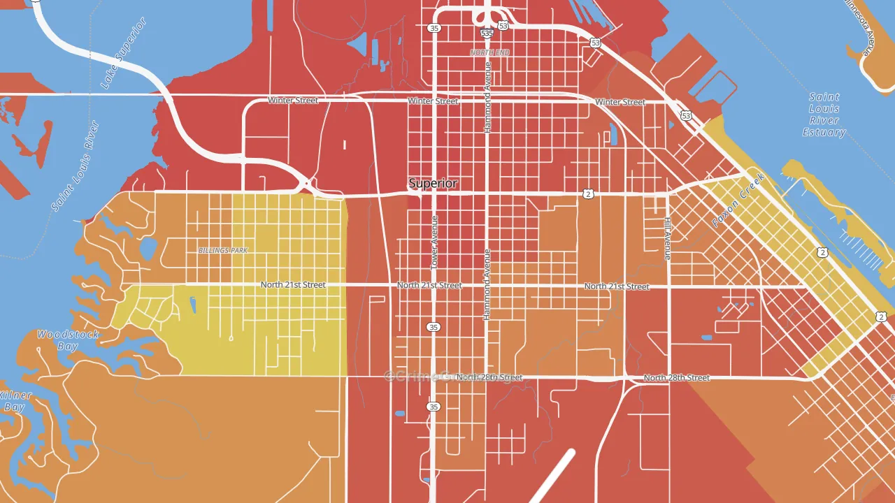 Downtown, Superior, WI Map of Theft Rates
