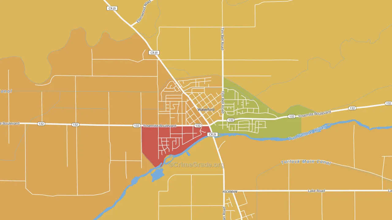 Downtown Waterford, Waterford, CA Map of Theft Rates