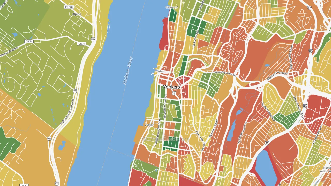 Downtown Yonkers, Yonkers, NY Map of Theft Rates