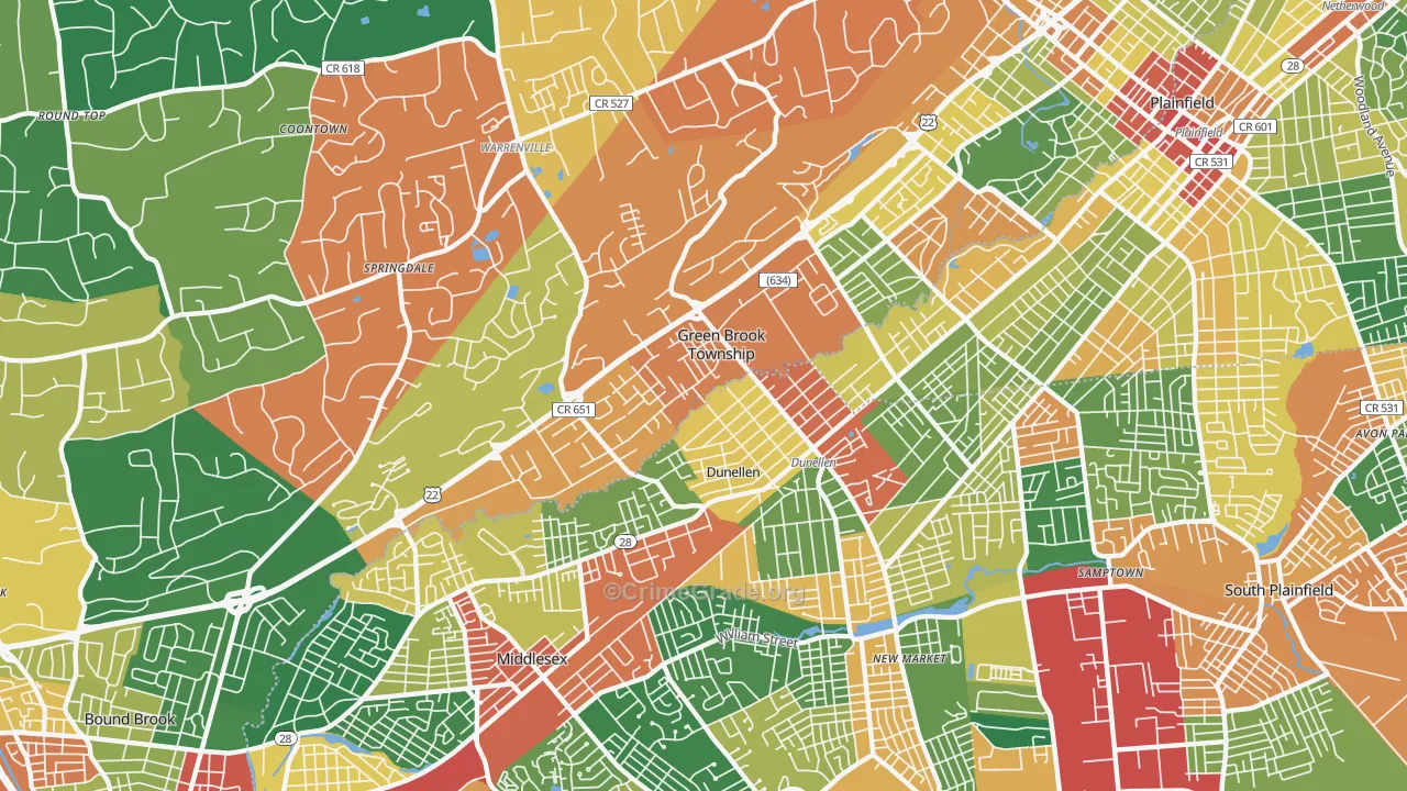 Dunellen, NJ Map of Theft Rates