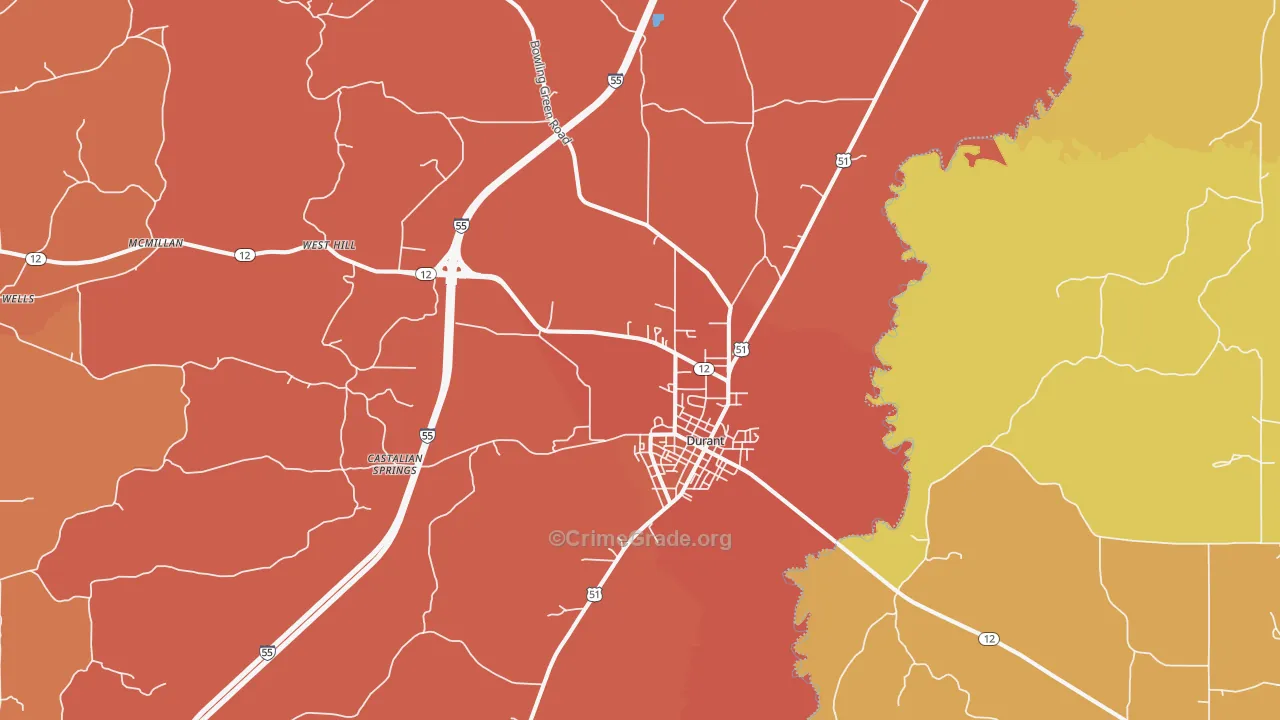 Durant, MS Map of Theft Rates