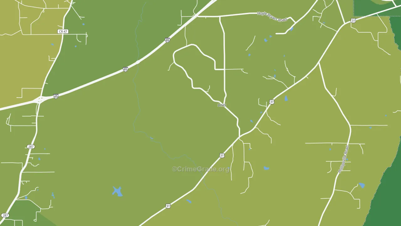 Dyas, AL Map of Theft Rates