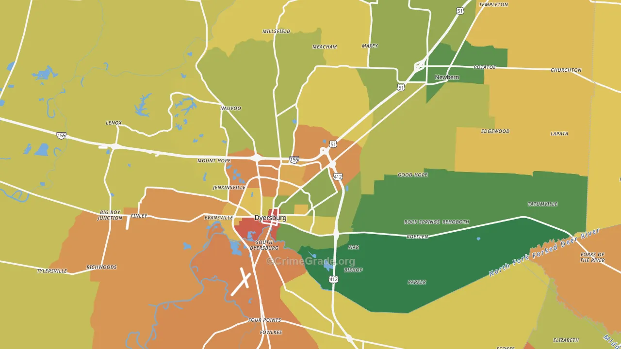 Dyer County, TN Map of Theft Rates