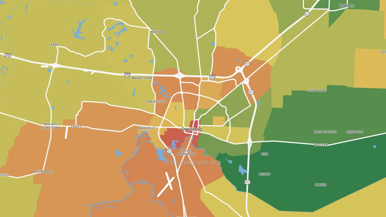 Dyersburg, TN Map of Theft Rates