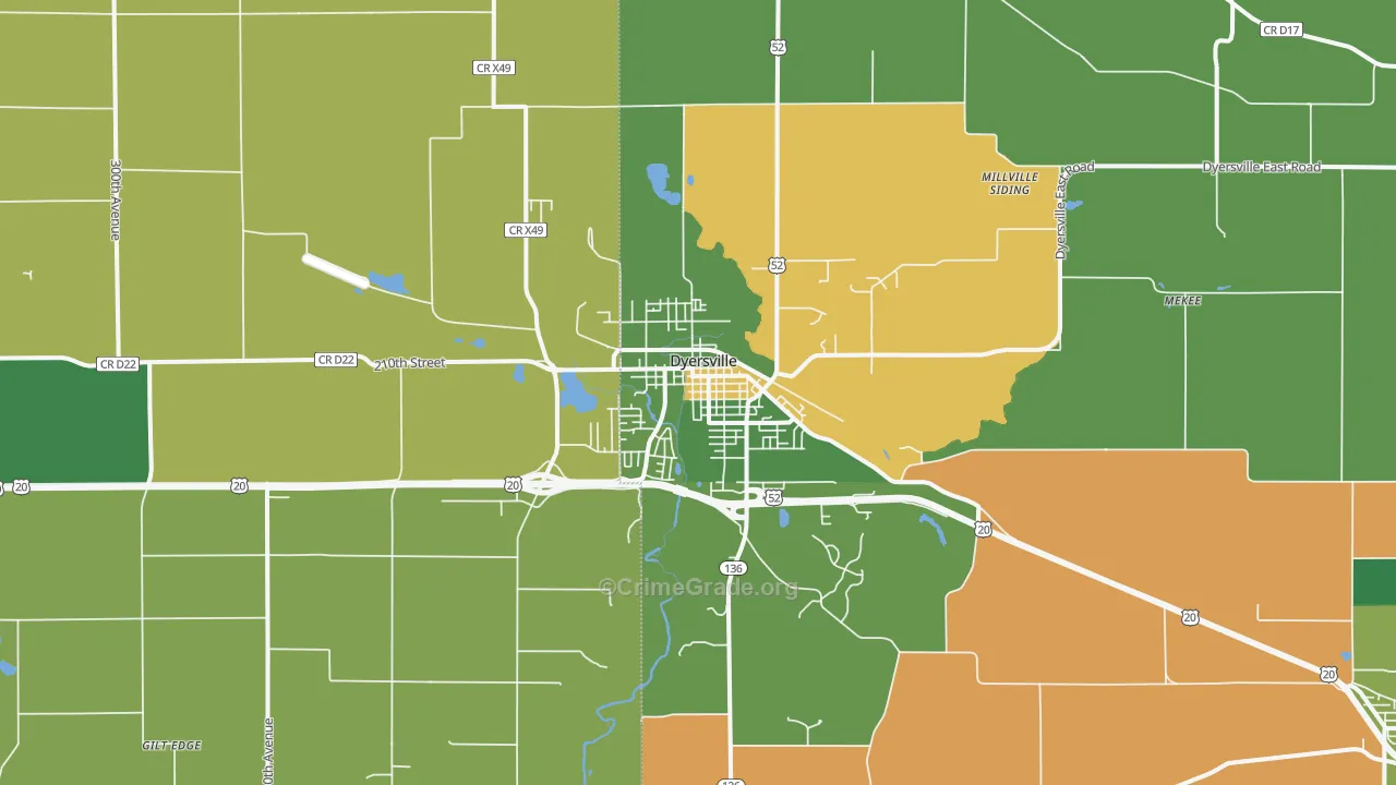 Dyersville, IA Map of Theft Rates