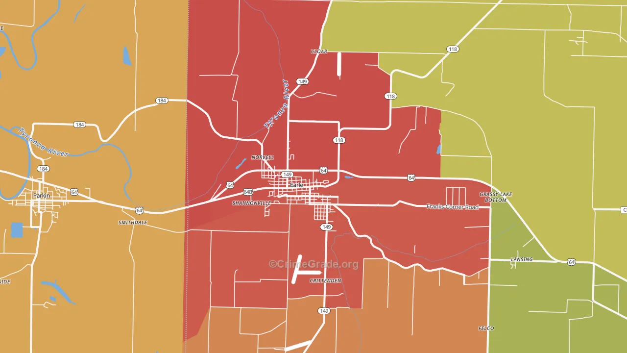 Earle, AR Map of Theft Rates
