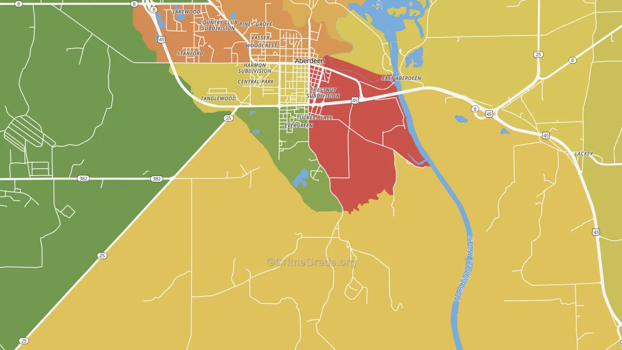 East Aberdeen, MS Map of Theft Rates