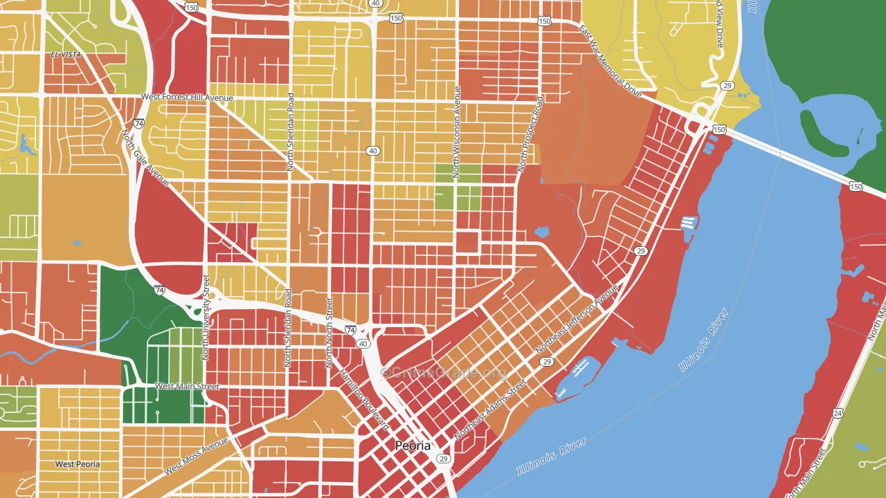 East Bluff, Peoria, IL Map of Theft Rates