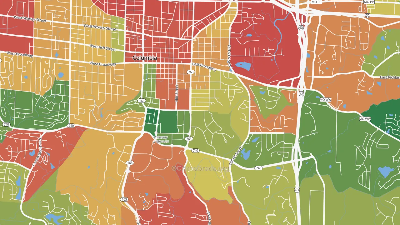 East Campus, Columbia, MO Map of Theft Rates