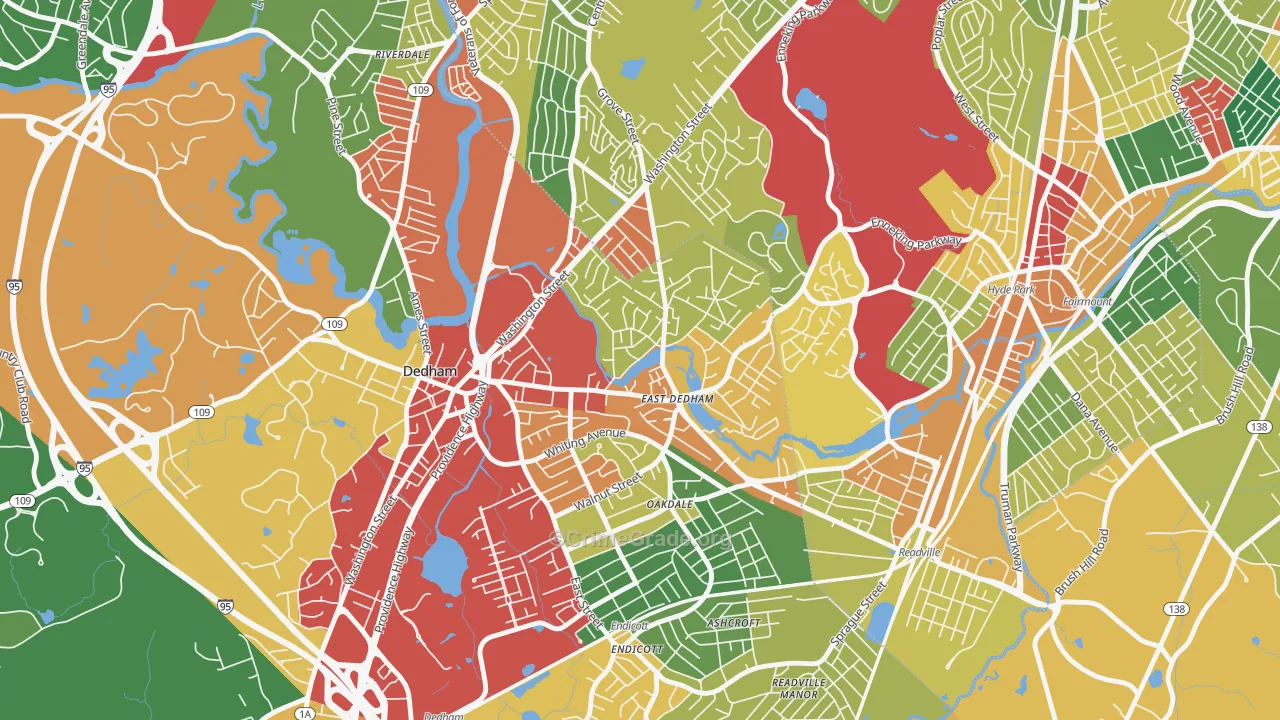 East Dedham, Dedham, MA Map of Theft Rates