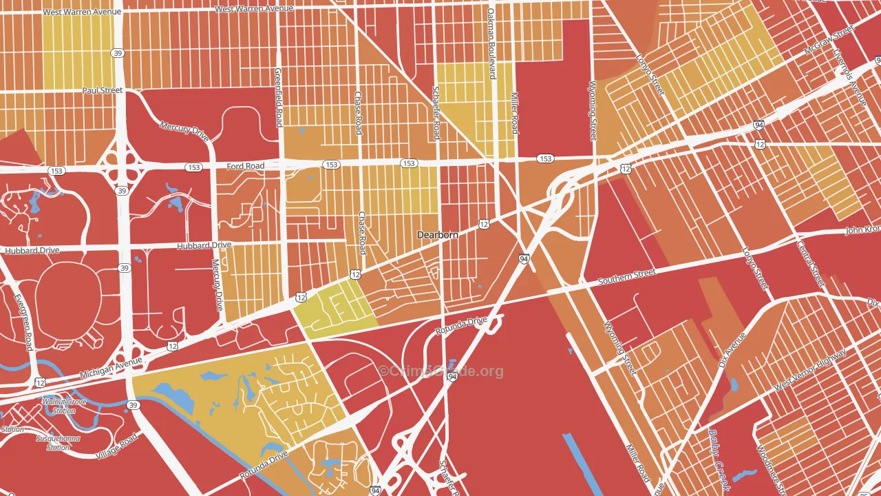 East Downtown Dearborn, Dearborn, MI Map of Theft Rates