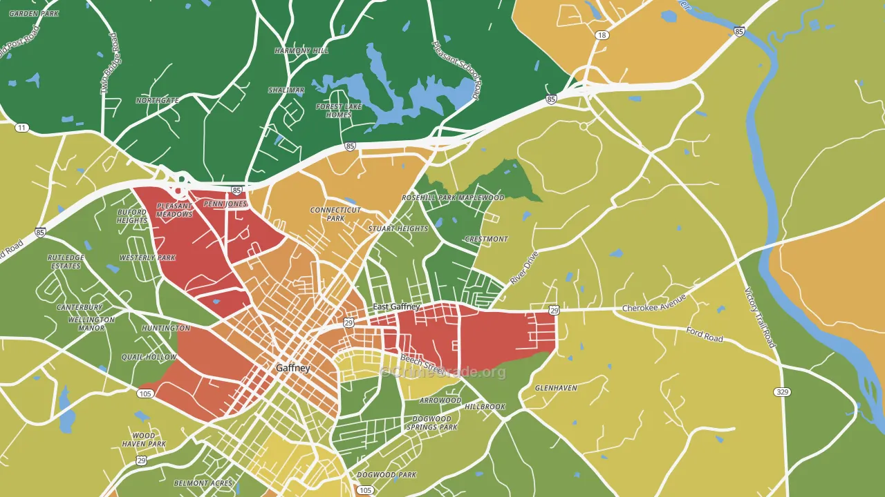 East Gaffney, SC Map of Theft Rates