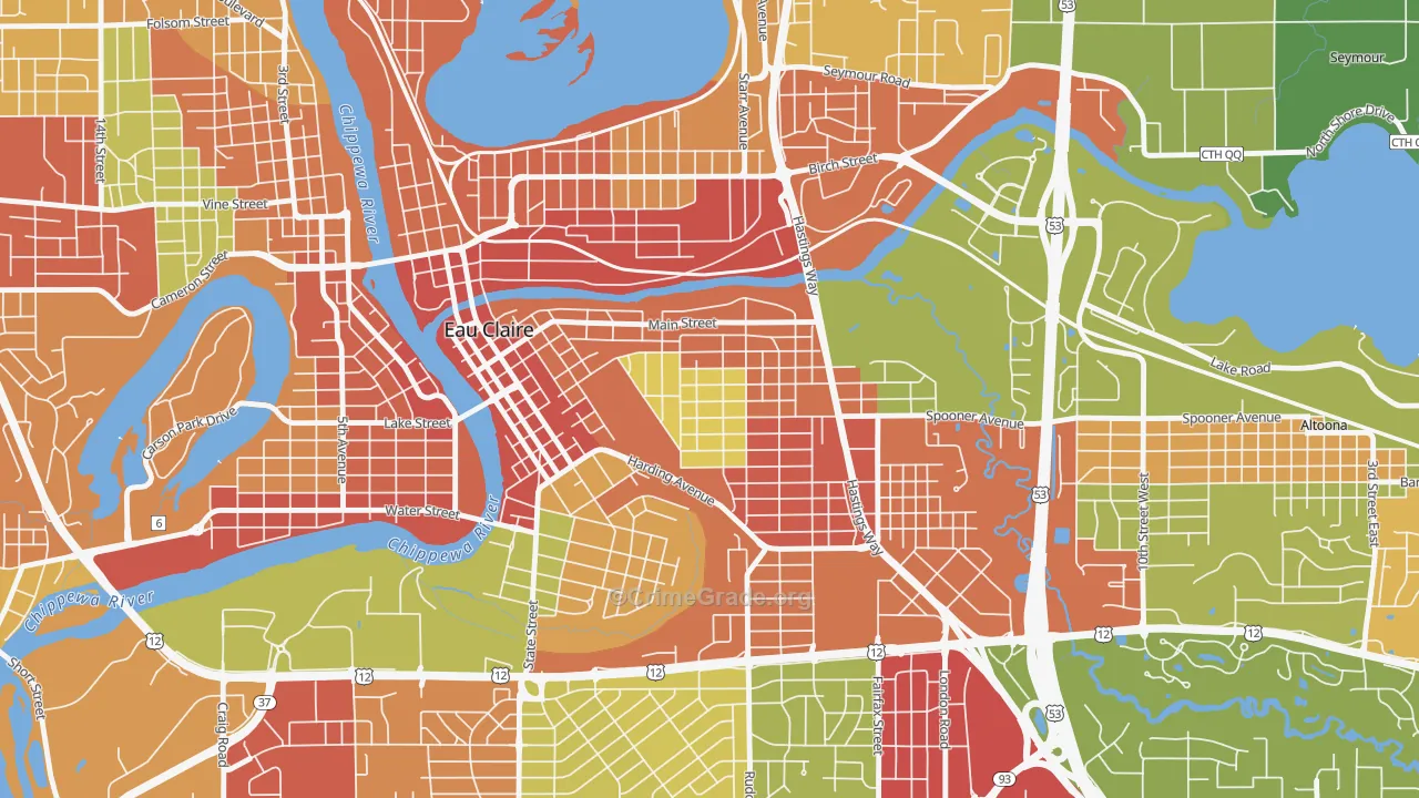 East Hill, Eau Claire, WI Map of Theft Rates
