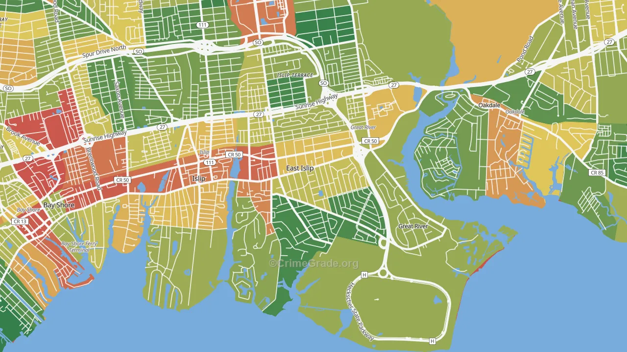 East Islip, NY Map of Theft Rates