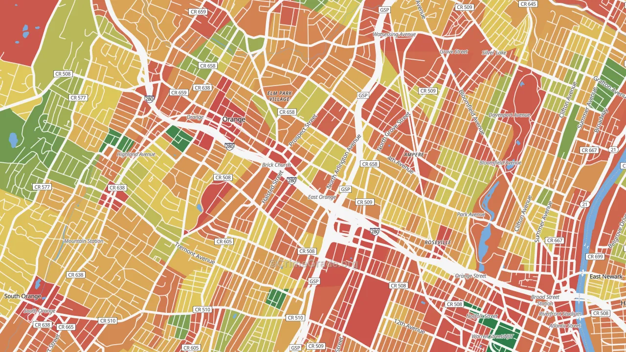 East Orange, NJ Map of Theft Rates