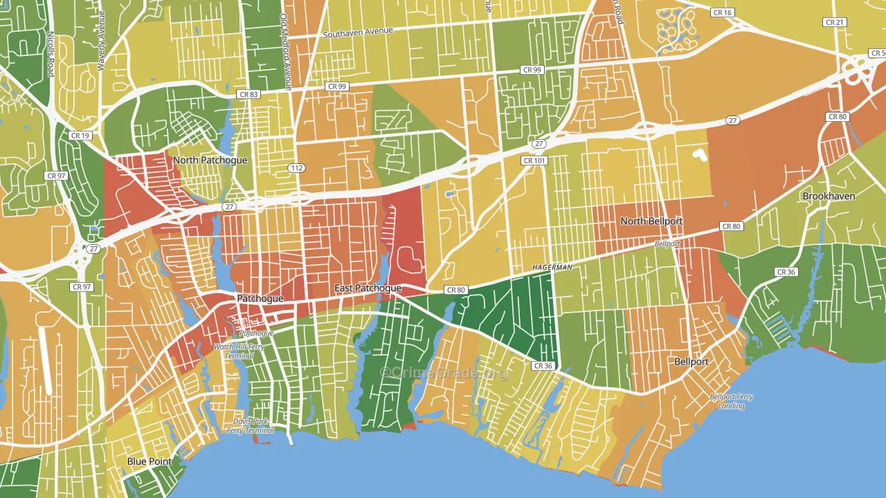 East Patchogue, NY Map of Theft Rates