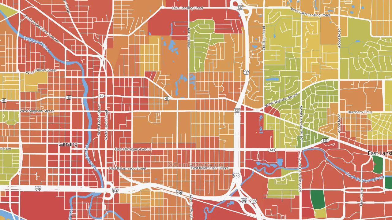 Eastside Lansing, Lansing, MI Map of Theft Rates