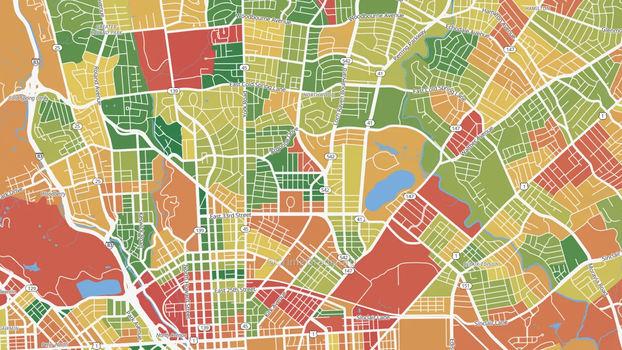 Ednor Gardens-Lakeside, Baltimore, MD Map of Theft Rates
