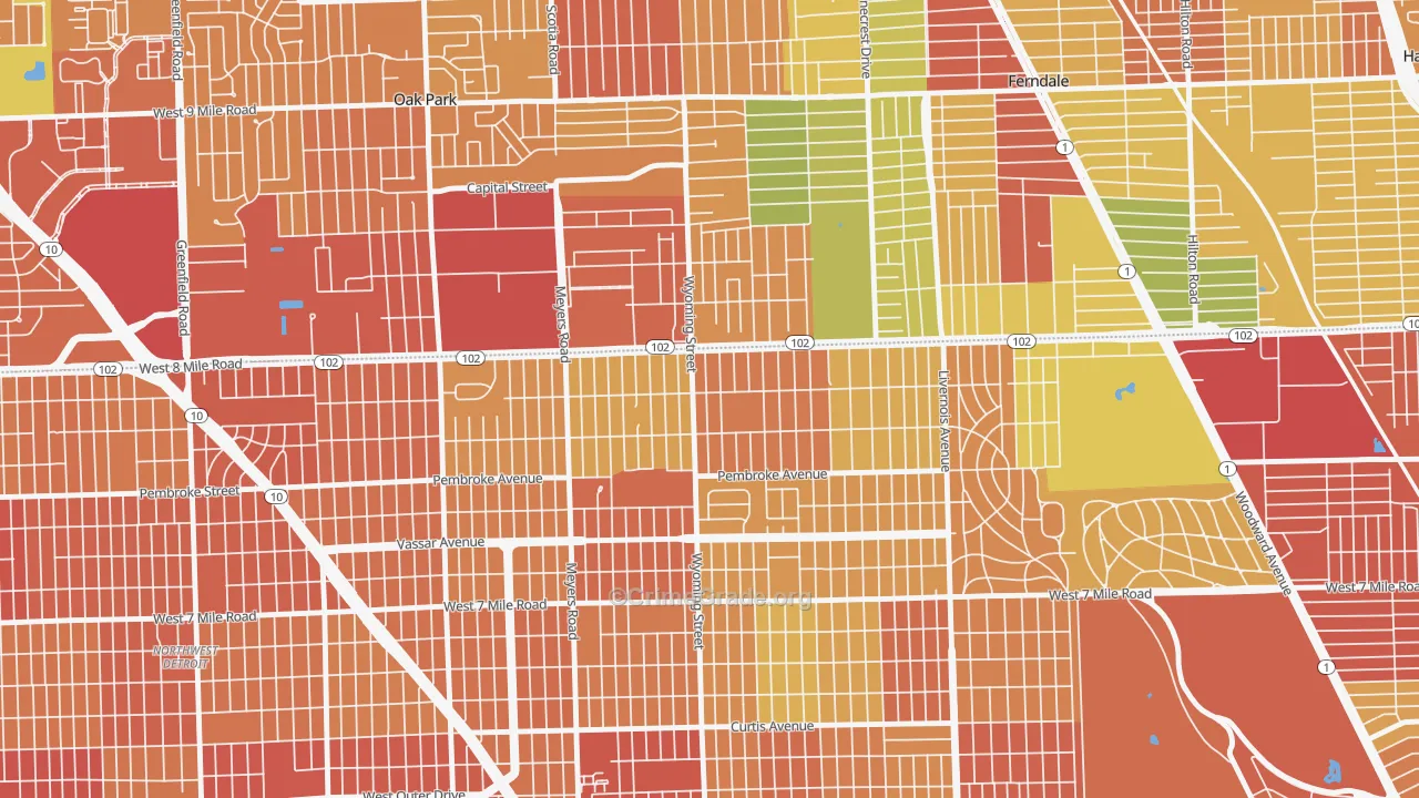 Eight Mile Wyoming, Detroit, MI Map of Theft Rates