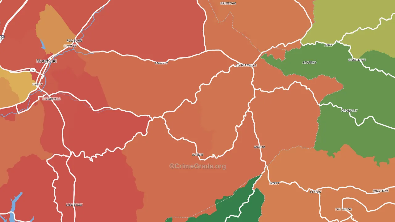 Elliottville, KY Map of Theft Rates