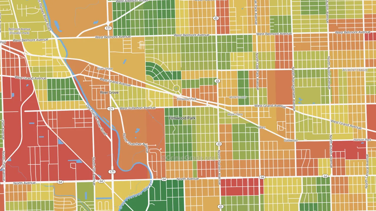 Ellsworth, Elmwood Park, IL Map of Theft Rates