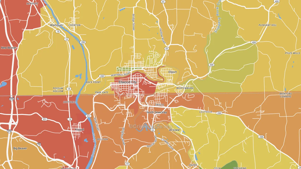 Ellwood City, PA Map of Theft Rates