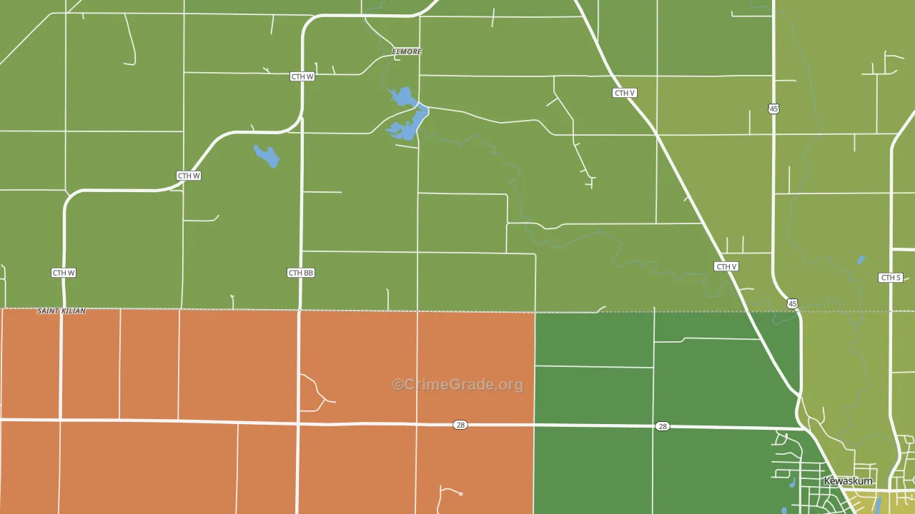 Elmore, WI Map of Theft Rates
