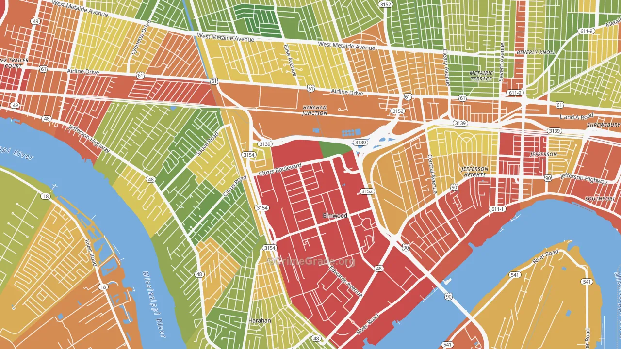 Elmwood, New Orleans, LA Map of Theft Rates