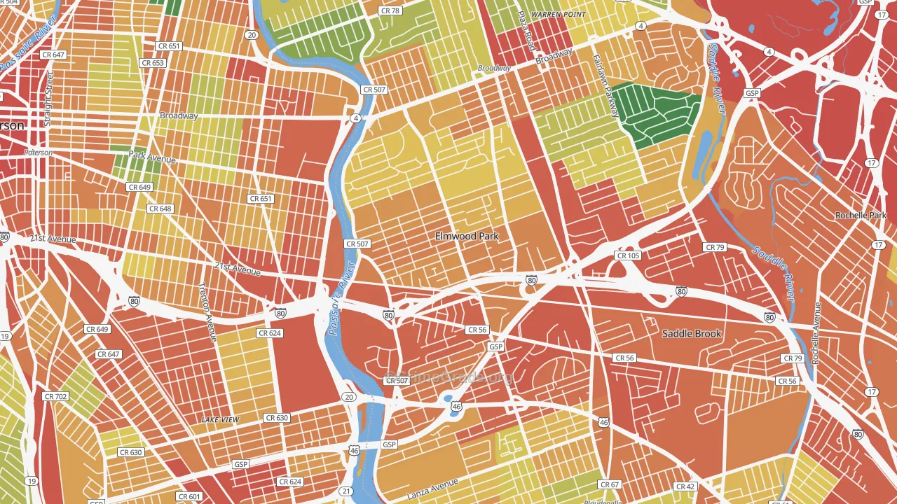 Elmwood Park, NJ Map of Theft Rates
