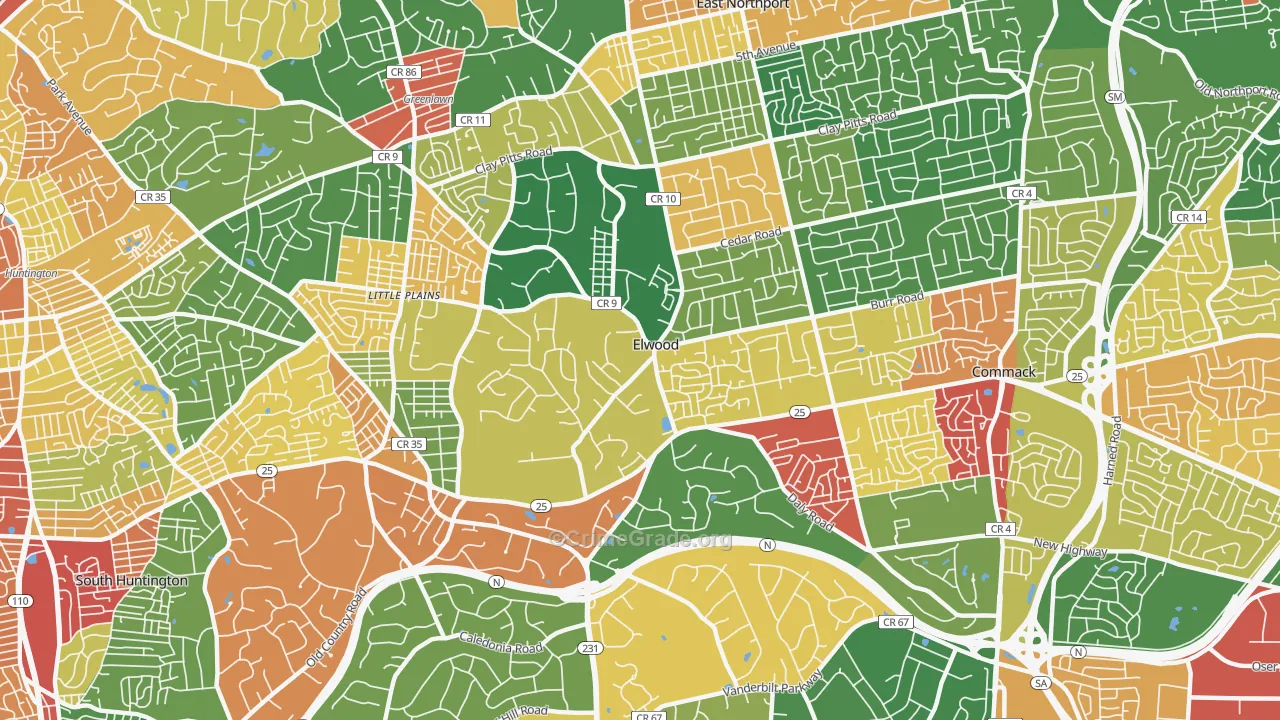 Elwood, East Northport, NY Map of Theft Rates