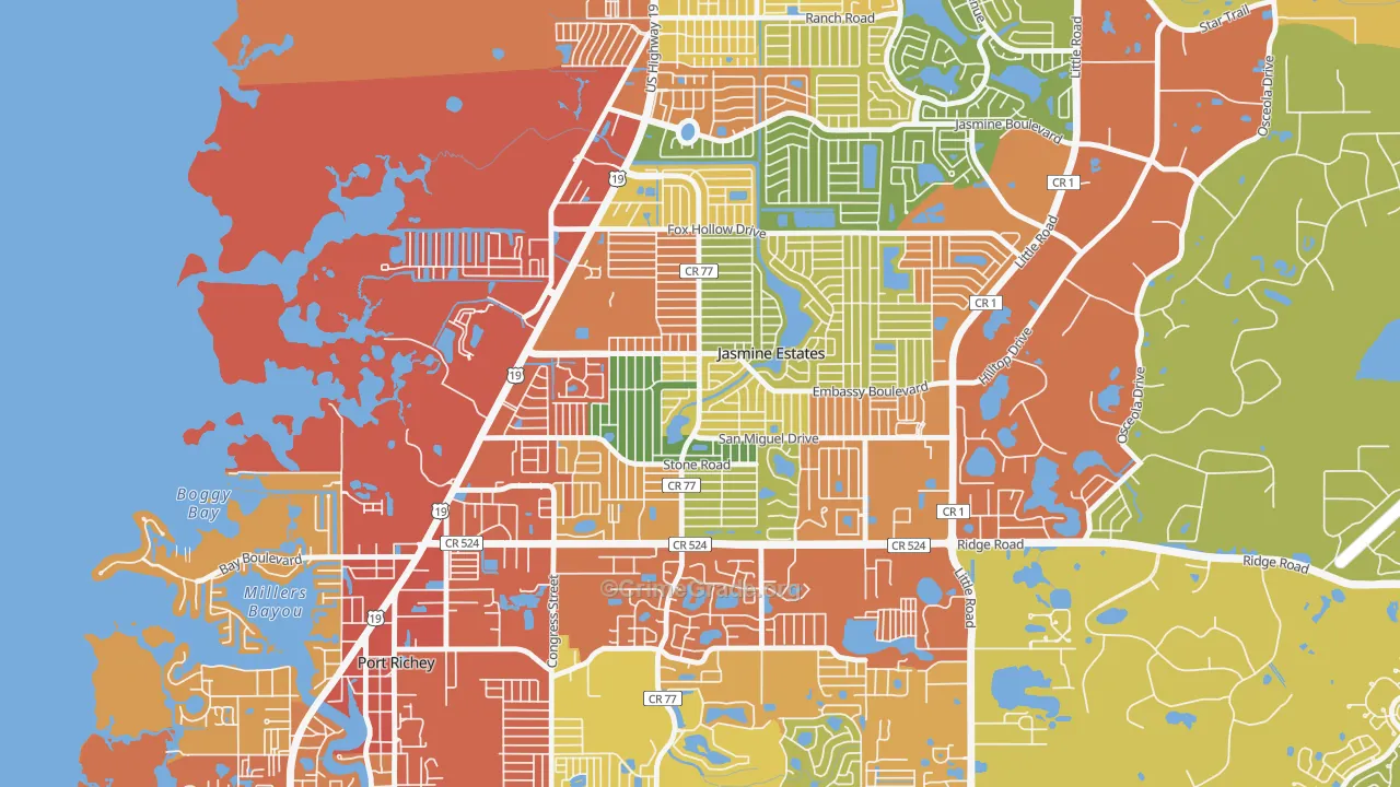 Embassy Hills, Jasmine Estates, FL Map of Theft Rates