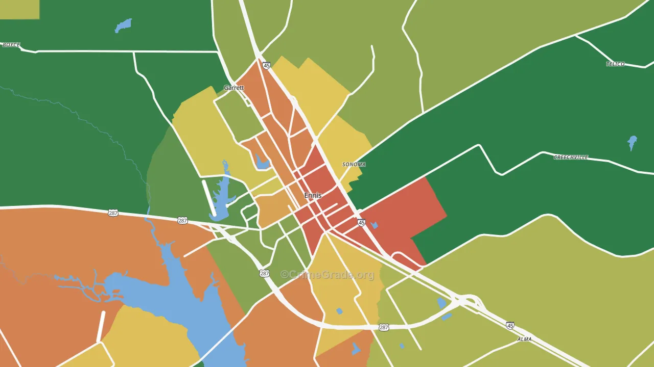 Ennis, TX Map of Theft Rates