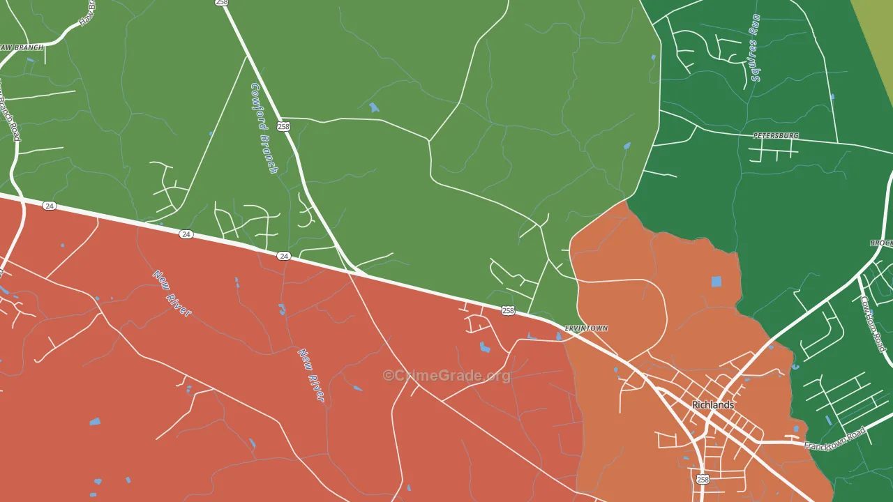 Ervintown, NC Map of Theft Rates