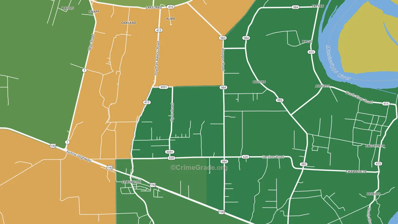 Erwinville, LA Map of Theft Rates