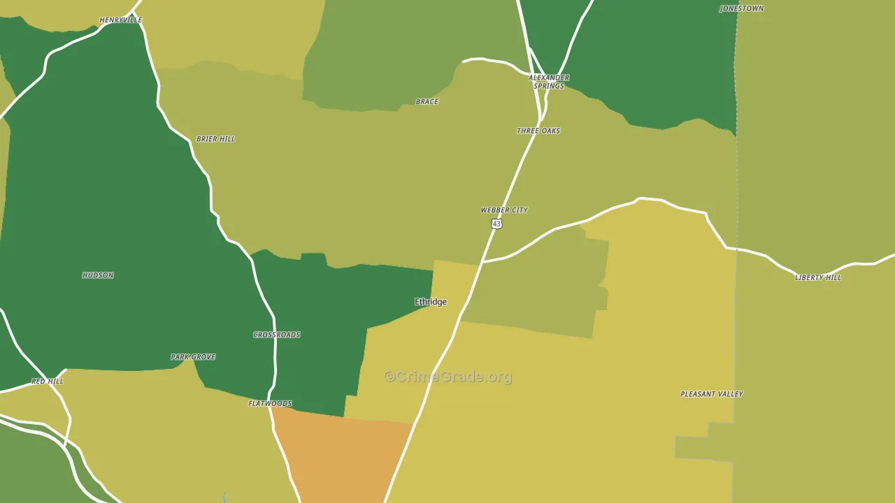 Ethridge, TN Map of Theft Rates