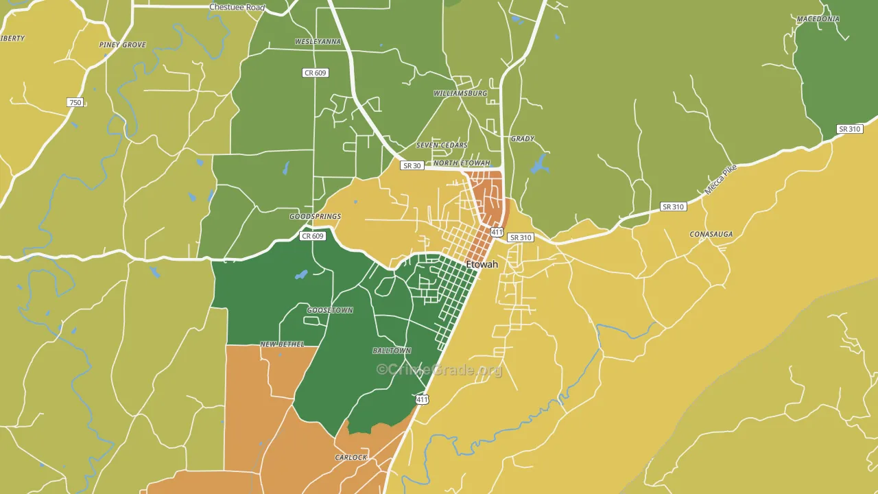 Etowah, TN Map of Theft Rates
