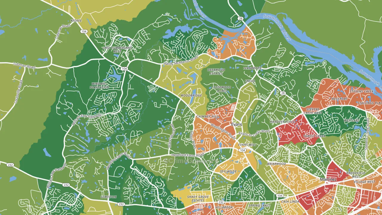 Evans, GA Map of Theft Rates