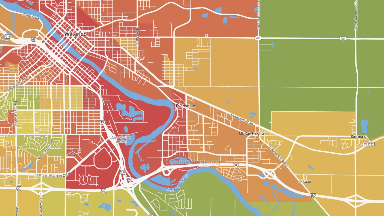 Evansdale, IA Map of Theft Rates