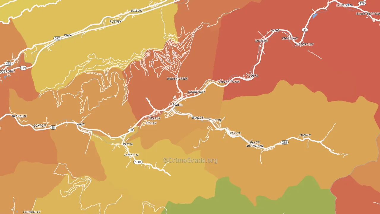 Evarts, KY Map of Theft Rates