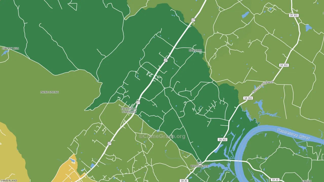 Evensville, TN Map of Theft Rates