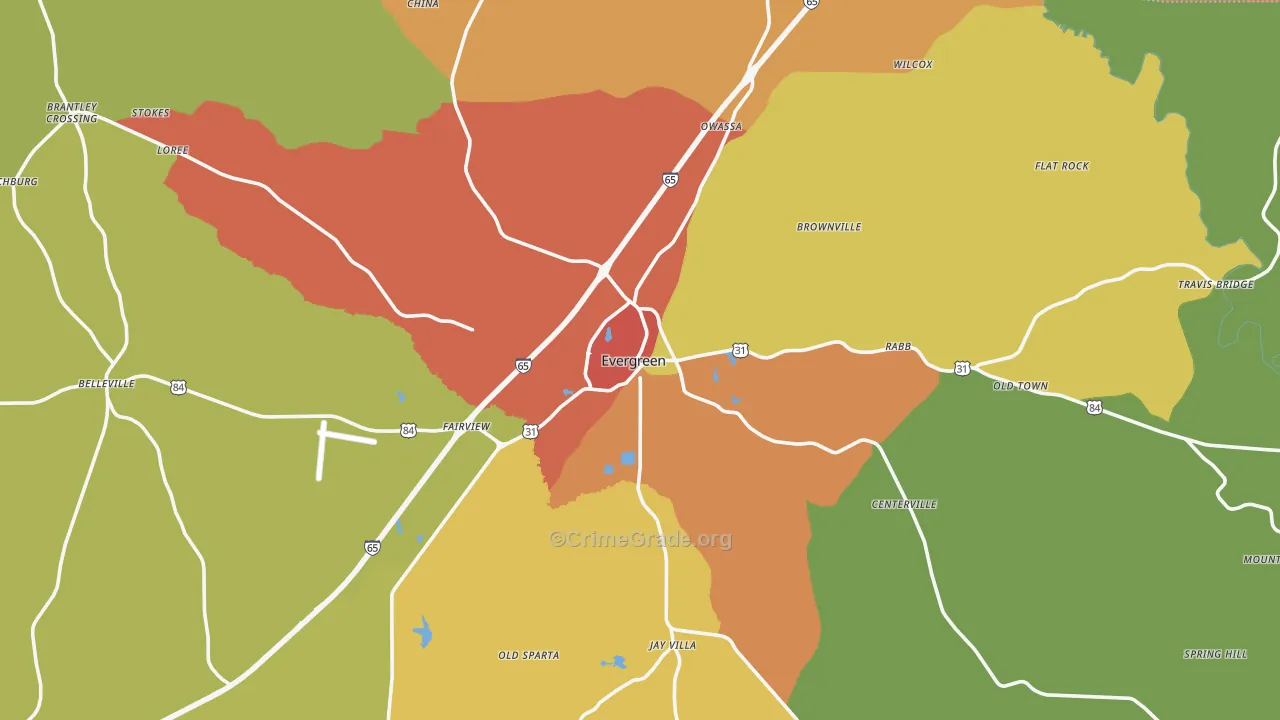 Evergreen, AL Map of Theft Rates